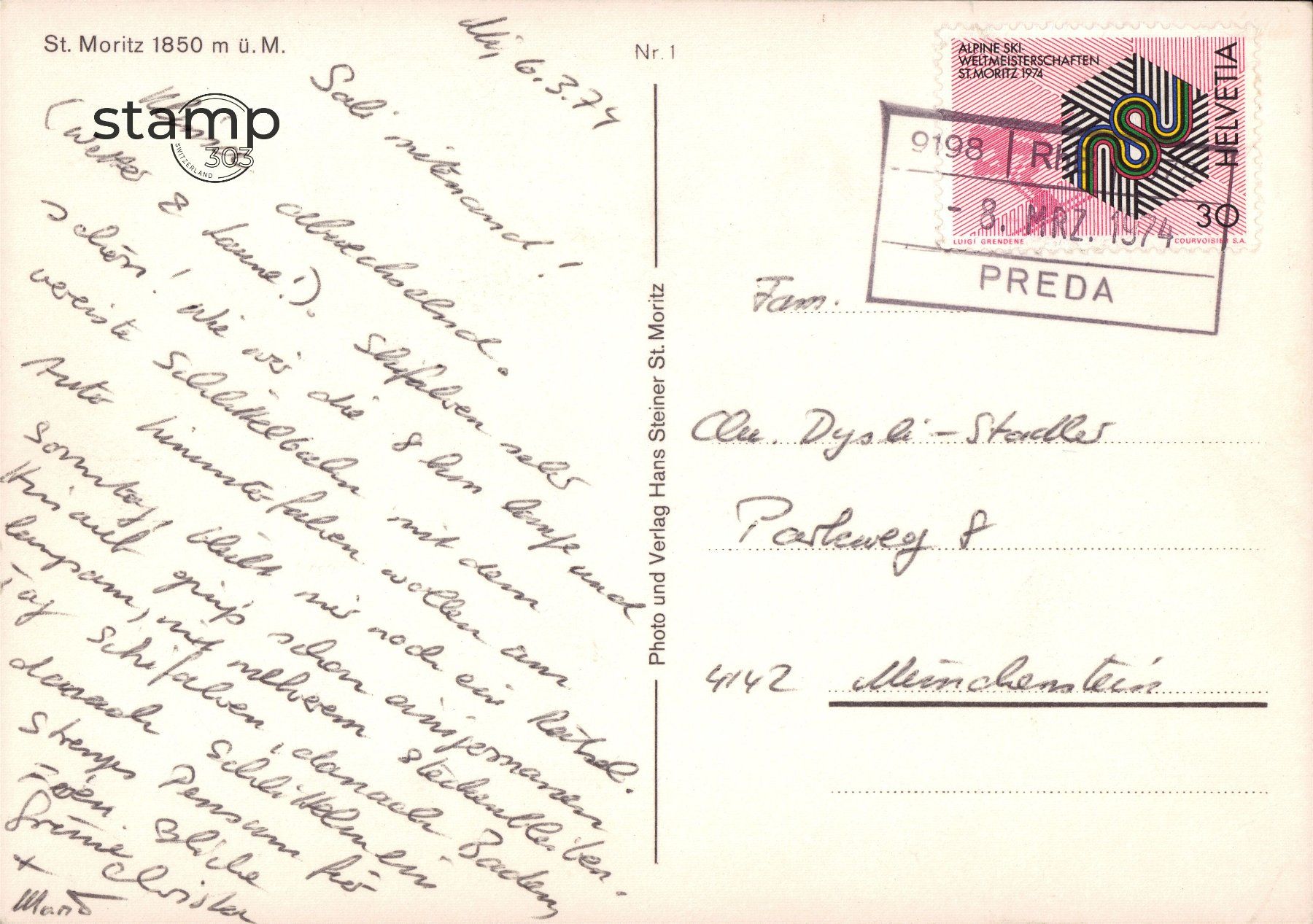 Cartoline postali: 1974 AK St. Moritz – Usato da Eggersriet venduto da stamp303 1