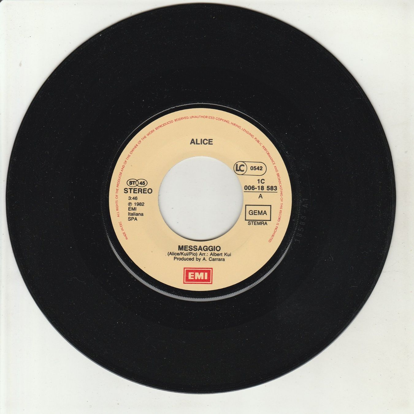 Dischi in vinile: Alice - Messaggio 7" Vinyl 1982 – Usato da Tübach venduto da JamesStone 2