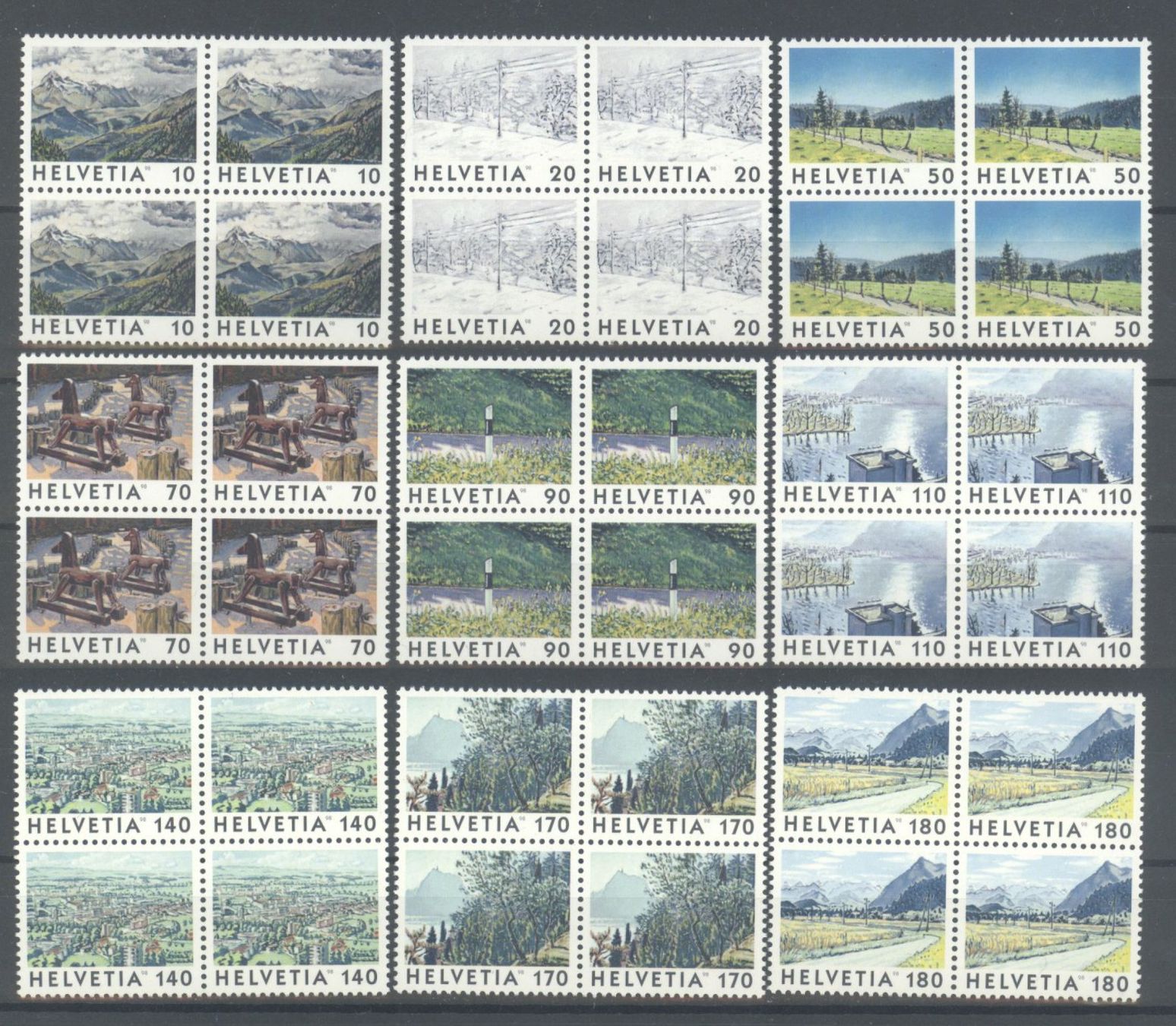 Tutti i francobolli: 1998, Dauermarken Bilder der Schweiz, Viererblöcke ** – Usato da Willisau venduto da Vollstempel