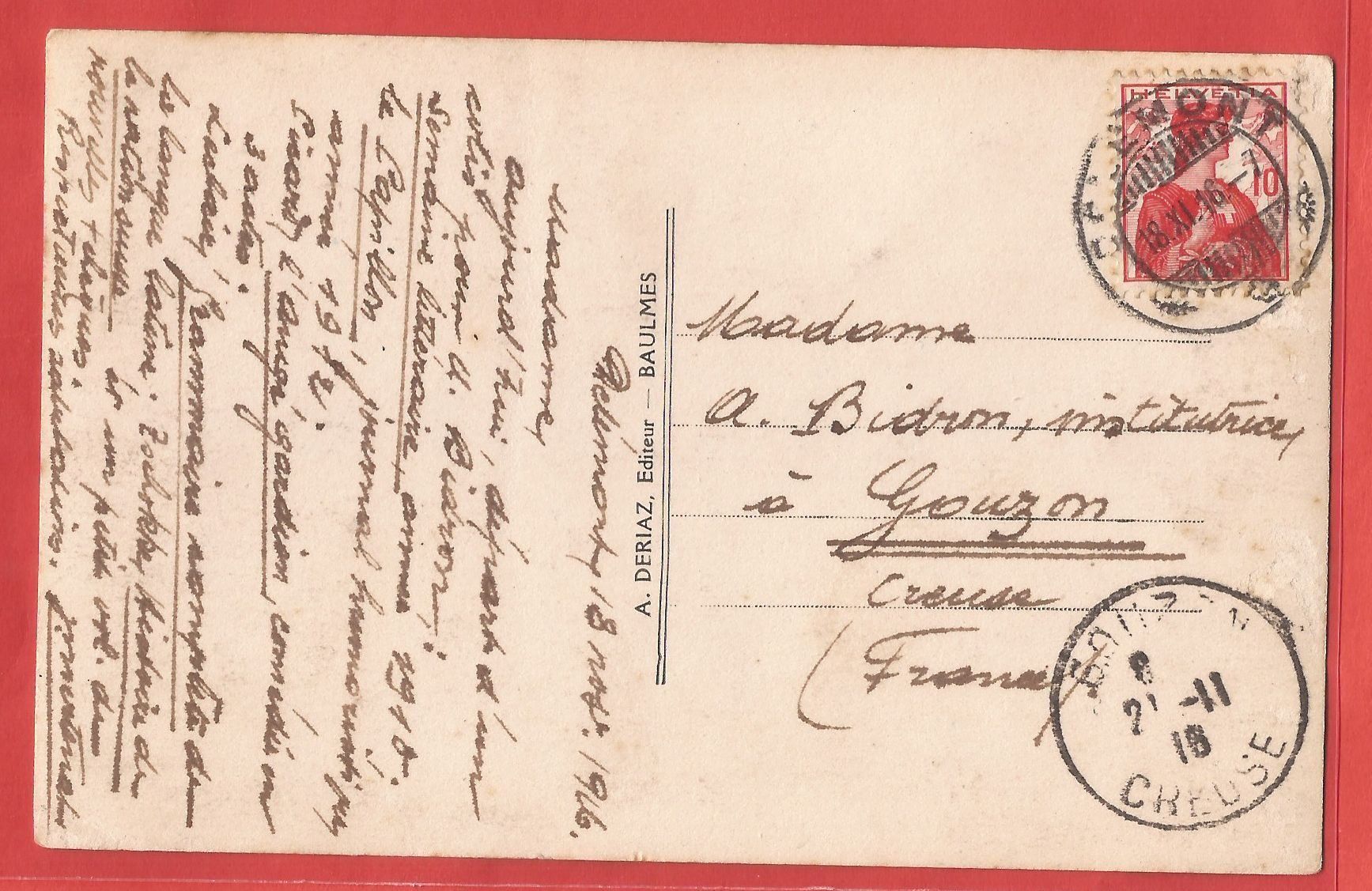 Cartoline postali: Ste Croix - Fotokarte 1916 – Usato da Fislisbach venduto da Porano 1