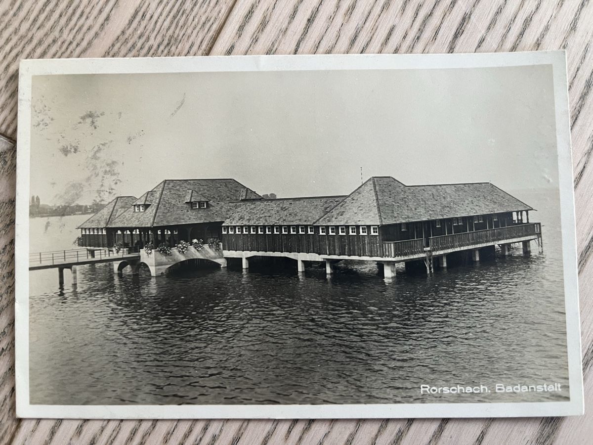 Cartoline postali: AK Rorschach Badeanstalt (gel. 1908) – Usato da Romanshorn venduto da Apfelschuss