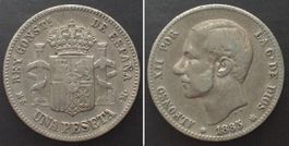 SPANIEN 1 Peseta 1885 (85) MS-M, ALFONSO XII. Silber SELTEN!