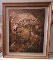 Antikes Kupferrelief Jesus mit Dornenkrone, gerahmt