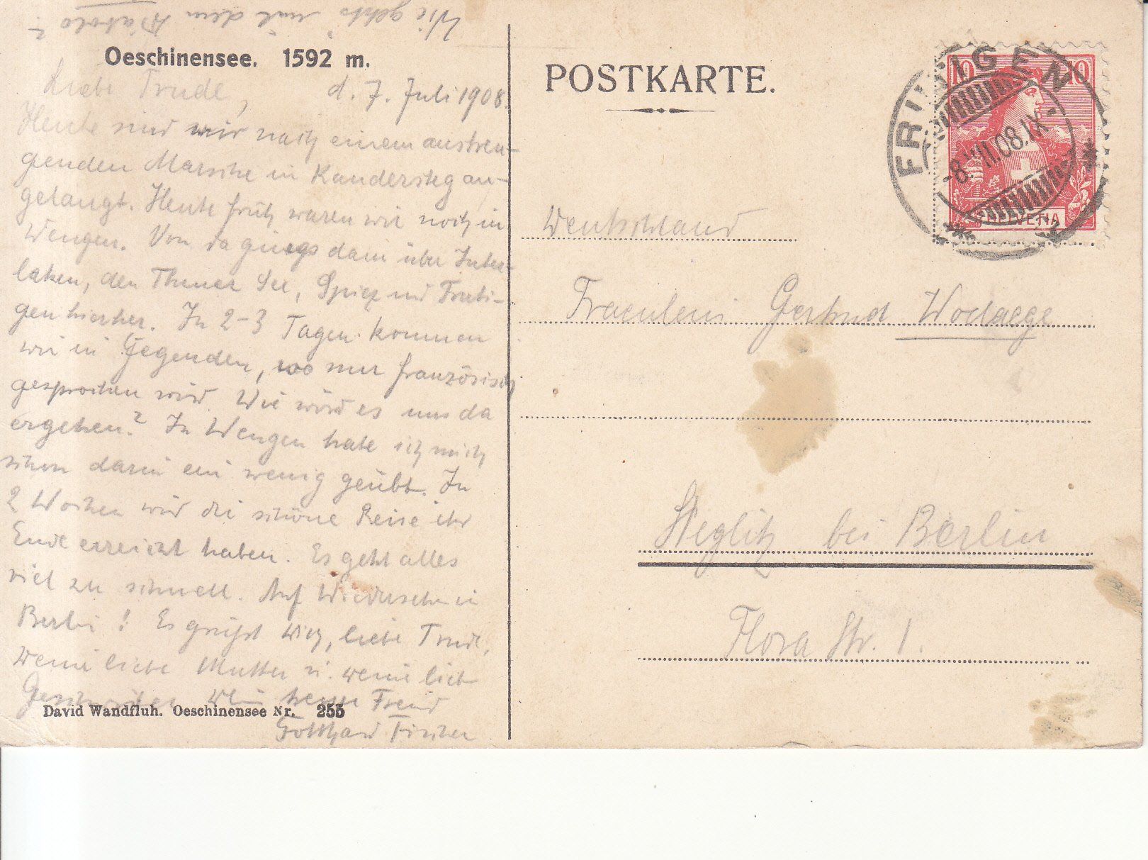Ansichtskarten: Oeschinensee 1908 – Gebraucht aus Bürglen TG von StampGraf 1