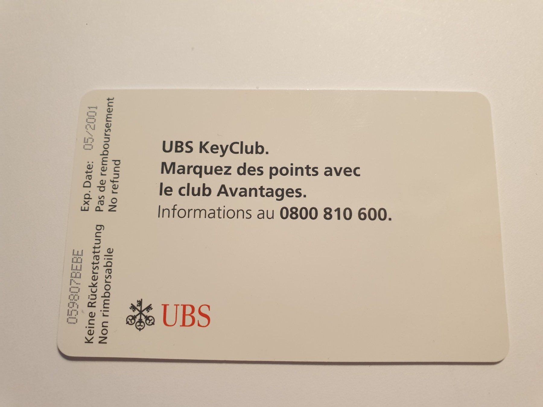 Schede telefoniche: UBS Key Club fr. – Usato da Rain venduto da chesz 1