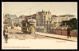 Lithographie Lausanne, Le Grand Pont, Strassenbahn