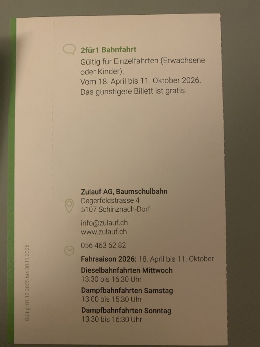 Buoni: 2x 2für1 Bahnfahrt, Zulauf Schinznach – Nuovo e nell'imballaggio originale da Attelwil venduto da TaraLee 1