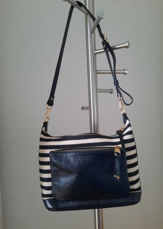 Schwarz-Beige gestreifte Leder-/Textiltasche