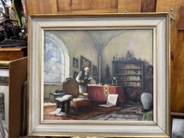Schönes altes Ölgemälde „Gelehrter in Bibliothek“, signiert