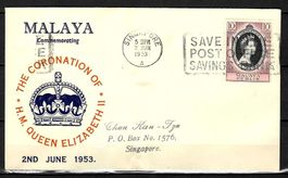 Top gereiste FDC 1953 Malaya Queen Elizabeth II Coronation