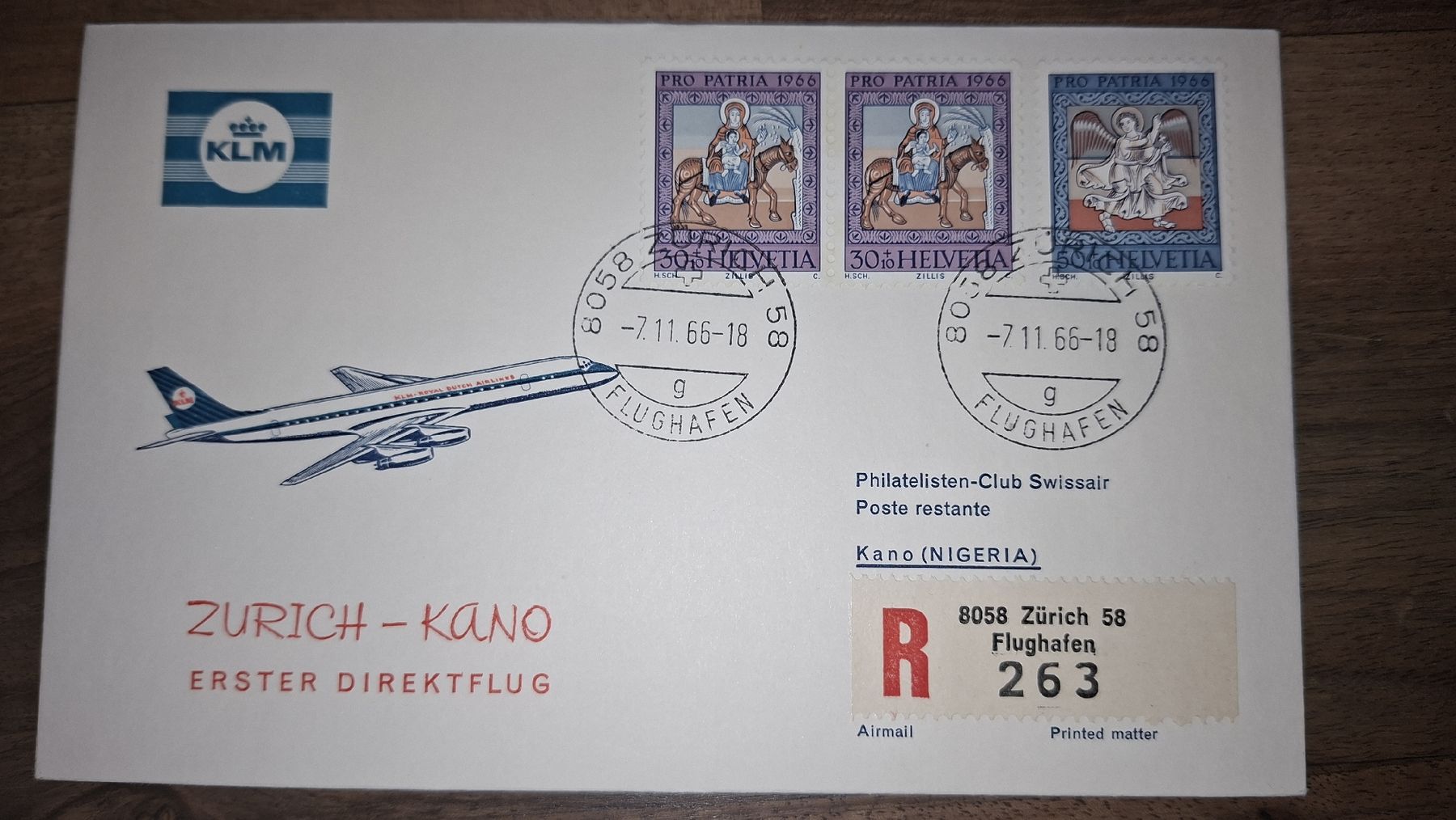 Tutti i francobolli: KLM Zürich - Kano 07.11.1966 – Usato da Balgach venduto da SIMEON27