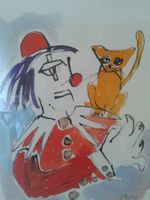 schöne Zeichnung Clown mit Katze  signiert gerahmt neu