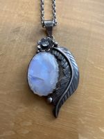 Mondstein Anhänger 925 Silber Feder Blume Vintage mit Kette