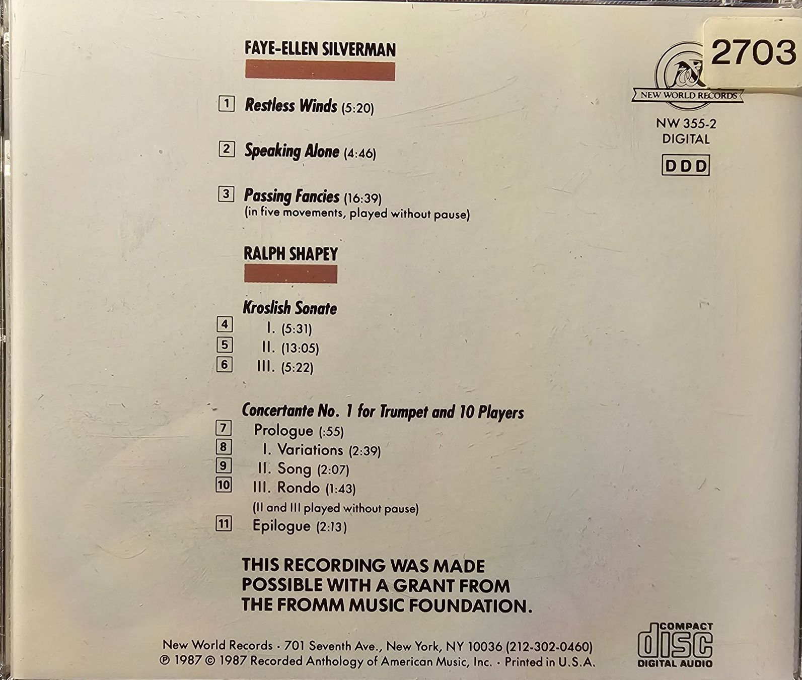 CDs: Faye-Ellen Silverman, Ralph Shapey - Works By – Gebraucht aus Wahlen b. Laufen von Cg10 1