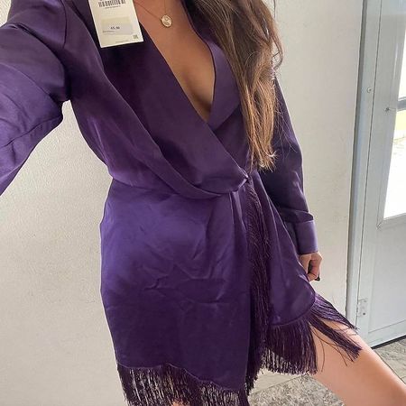Zara Purple Wrap Dress XL Purple Collared Long Sleeves