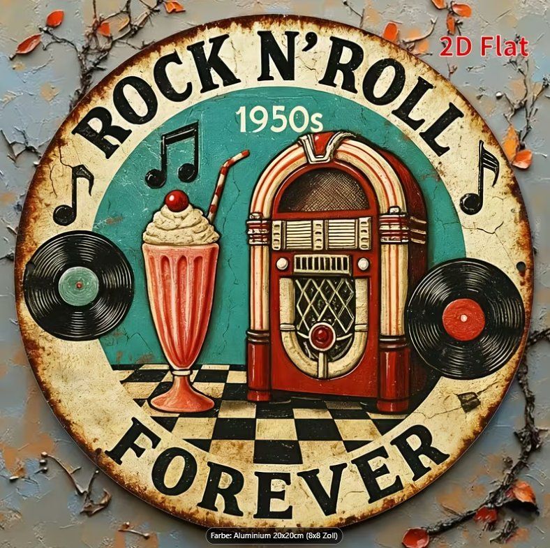 Insegne: Schild Vintage 1950er Rock 'n' Roll Forever – Nuovo e nell'imballaggio originale da Gerlafingen venduto da Tsuru