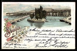 Litho Genève, Lac et ponts, île arbor