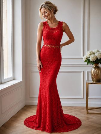 Rotes Spitzen-Abendkleid Gr. M, mit Schleppe