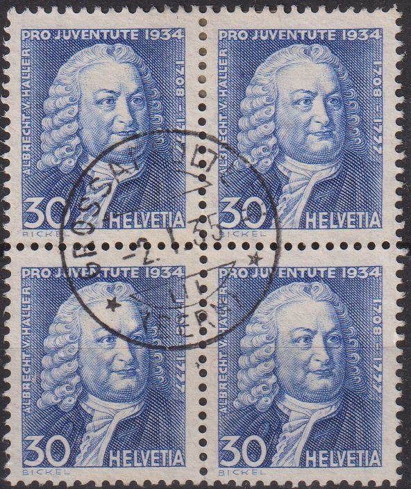 Alle Briefmarken: J 72, Viererblock gestempelt Grossaffoltern – Gebraucht aus Basel von Bingis