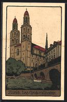 Steindruck-AK Zürich, Grossmünster mit