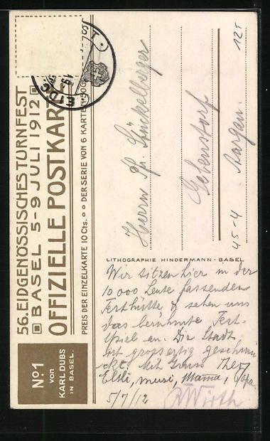 Cartoline postali: Basel, 56. Eidgen. Turnfest 1912, Turner – Usato da Berlin venduto da bartko-reher 1