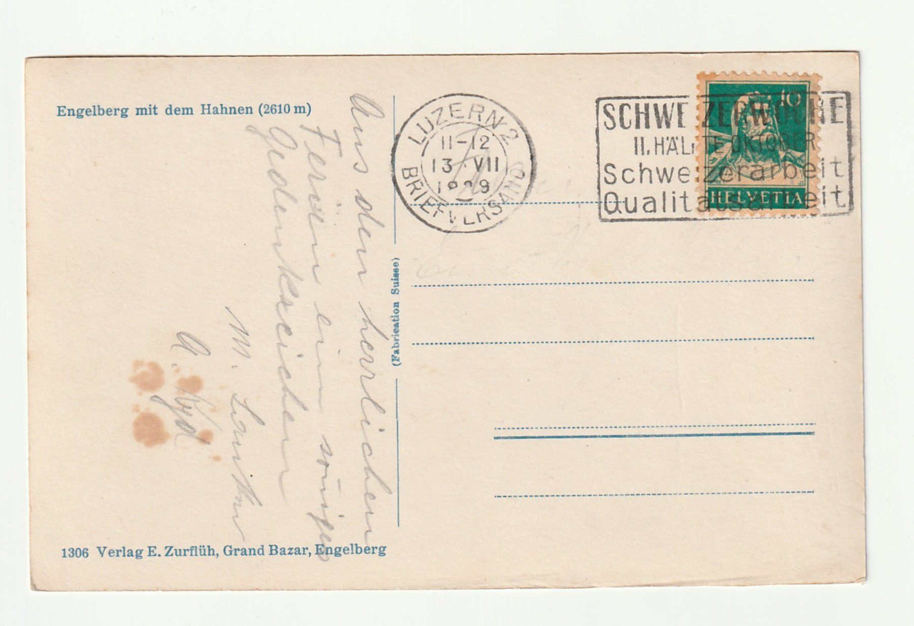 Cartoline postali: Ansichtskarte 1929 Engelberg mit dem Hähnen, Obwalden – Usato da St. Gallen venduto da Ricardo_Deals 1