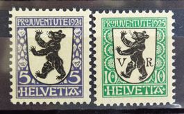 PRO JUVENTUTE 1924, 5 C + 1925, 10 C: langue fourchue **