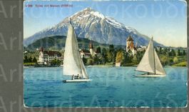 AK color Farblitho Spiez BE Schloss,Niesen,Segelboote ≈ 1930