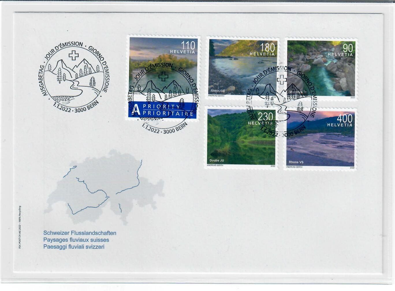 Tutti i francobolli: 2022 Flusslandschaften Viererblock FDC – Usato da Utzigen venduto da a8b9c0
