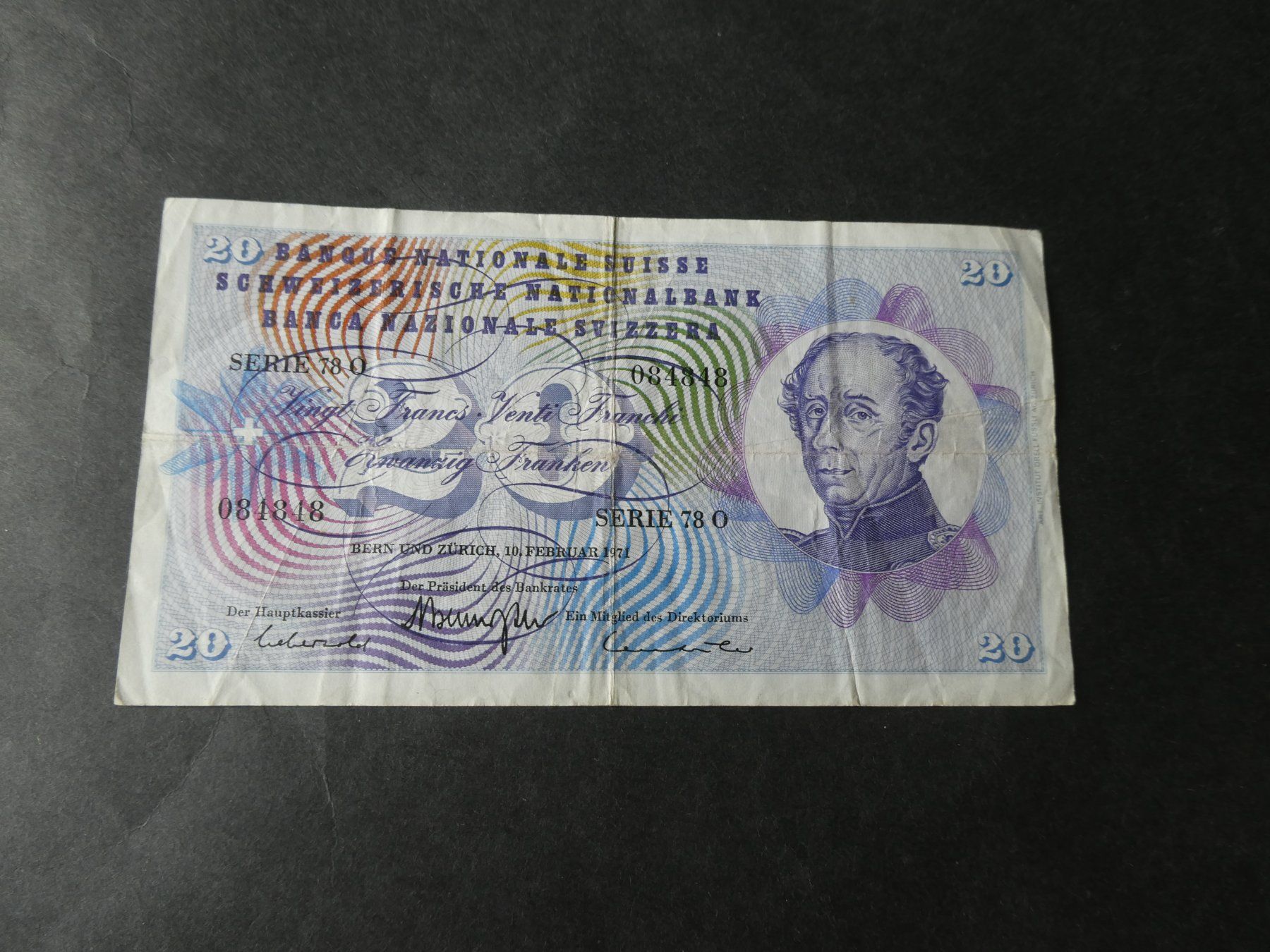 Banknoten: Schweiz 1971, 20 Franken – Gebraucht aus Hinterforst von Rohusri