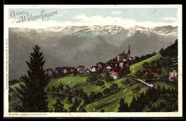 Lithographie Walzenhausen, Gesamtansicht mit Bergpanorama au