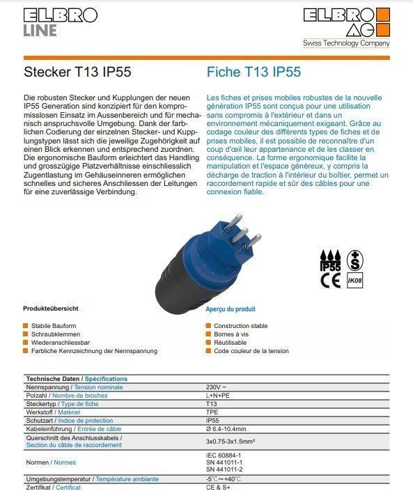 Spine: Stecker T13 IP55 Gummi schwarz – Nuovo e nell'imballaggio originale da Flums venduto da Atutto 1