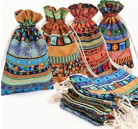 12x Fabric Gift Bags with Drawstring, Various Designs. New!