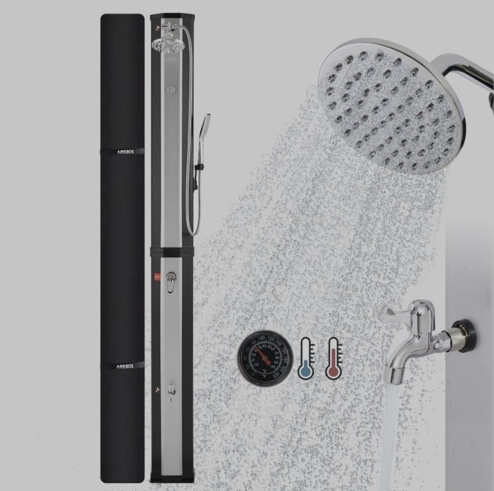 Duschen: Solardusche 60L mit Handbrause und Themometer schwarz/silber – Neu (gemäss Beschreibung) aus Nebikon von warendiscount