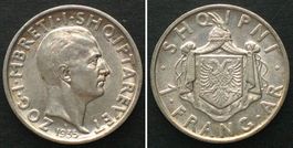 ALBANIEN 1 Frang Ar 1935, ZOG I. Silber ERHALTUNG! unz