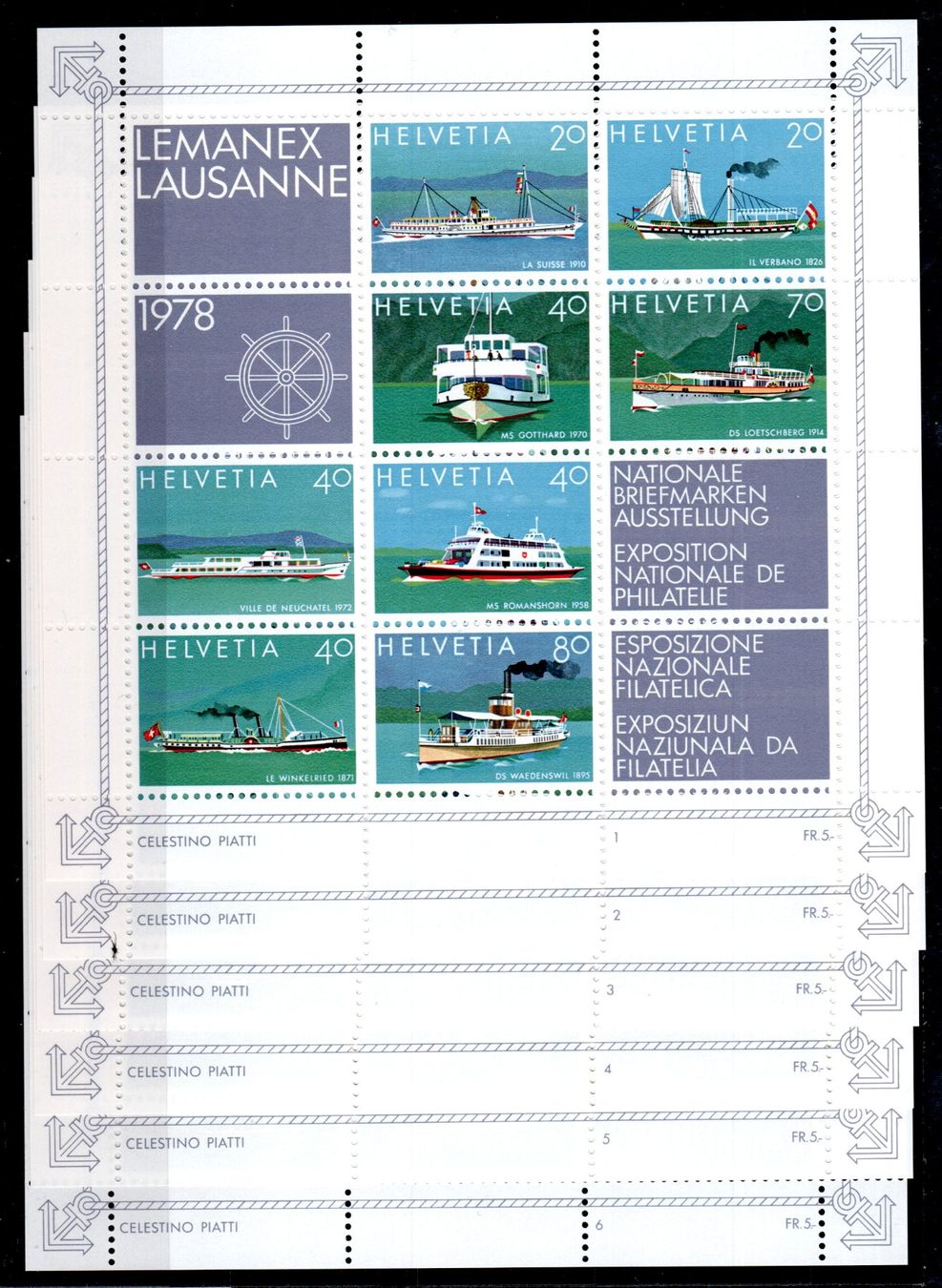 Tutti i francobolli: 1978 LEMANEX - Blöcke mit  Nr. 1 - 6 postfrisch SBK 65.-- – Nuovo (secondo la descrizione) da Stein am Rhein venduto da Huehnerhund