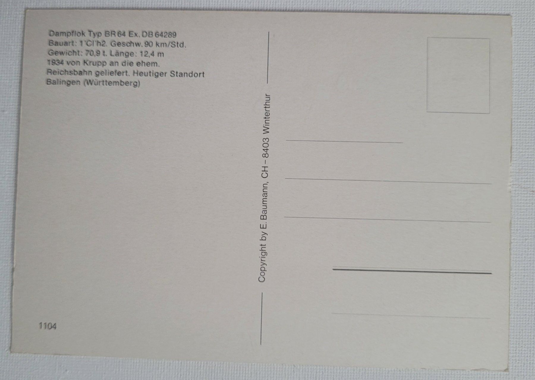 Cartoline postali: DAMPFLOK TYP BR64 EX. DB 64289 – Nuovo (secondo la descrizione) da Neftenbach venduto da Mador6 1