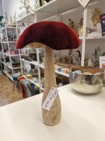 Deko Pilz gross aus Mangoholz und rotem Velvet Samt Bezug