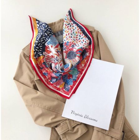 New 53cm Silk Scarf, Rainbow Leaf Red Scarf, Floral Scarf
