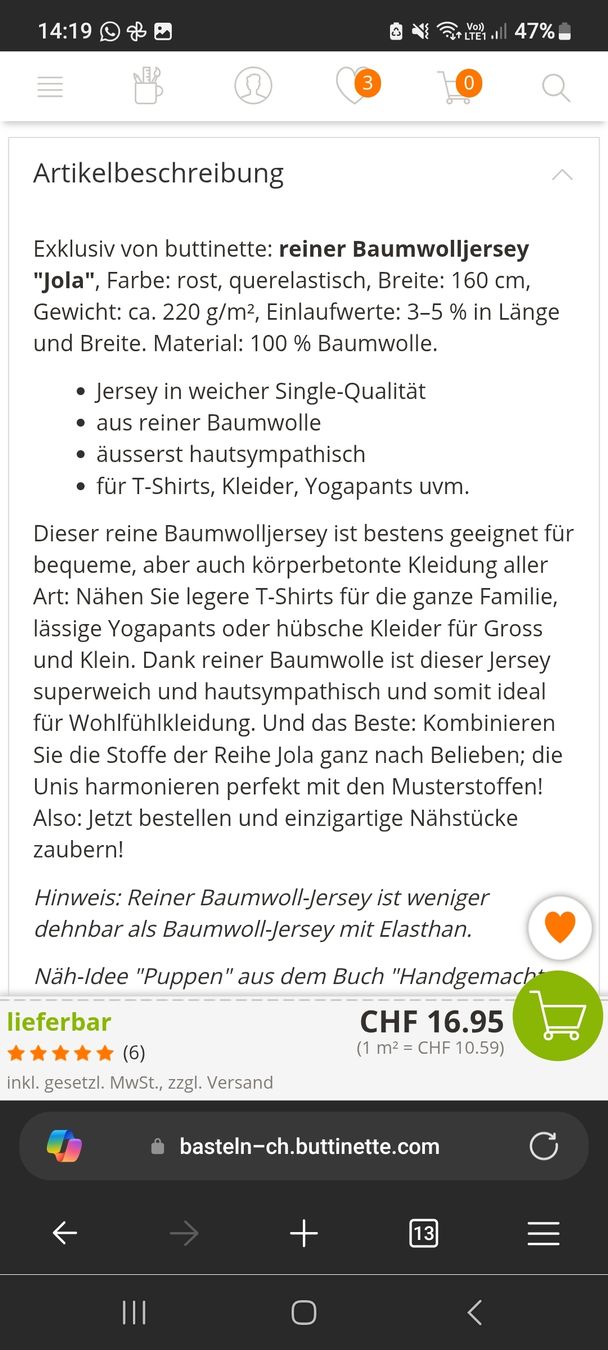 Stoffe: Baumwoll Jersey zimt – Neu und originalverpackt aus Lotzwil von sarah._g 3