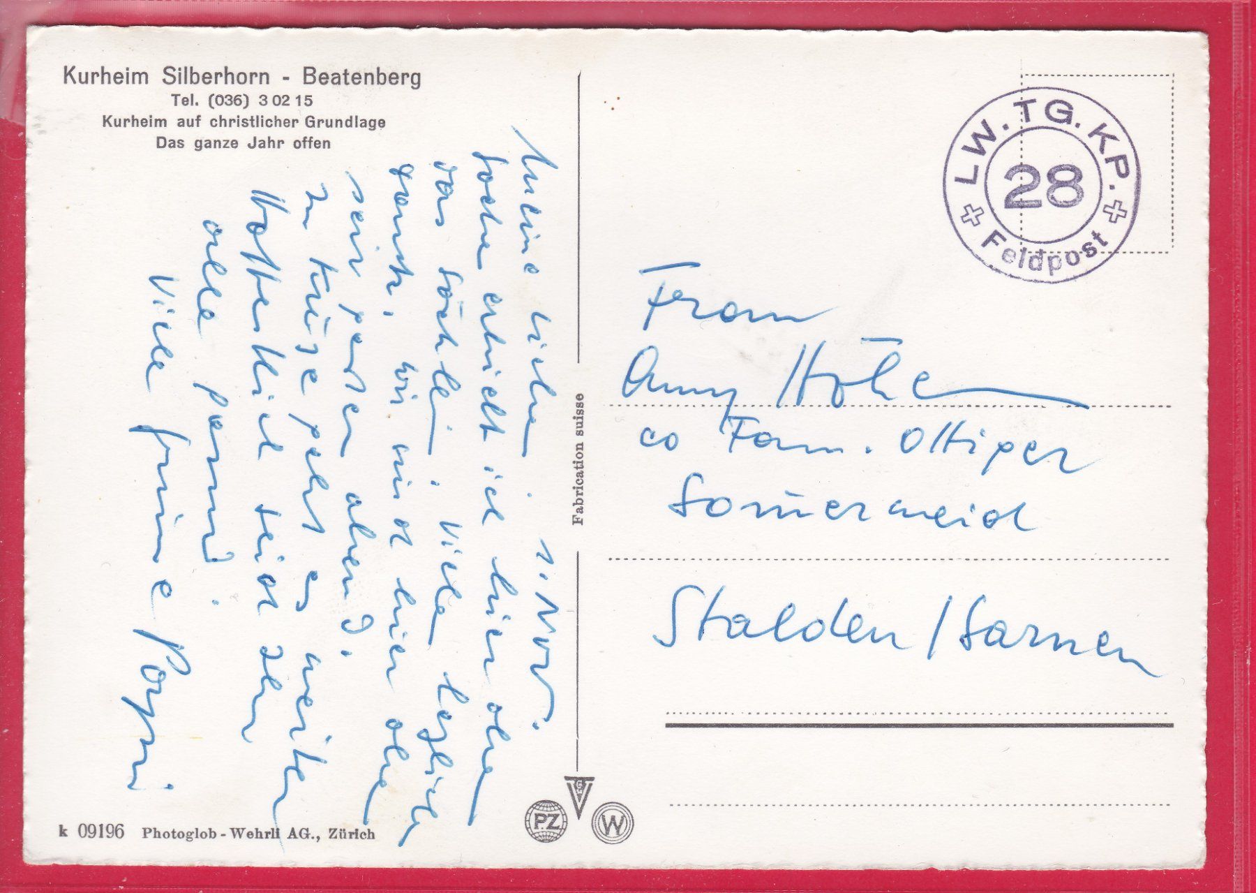Cartoline postali: BEATENBERG, KURHEIM SILBERHORN, FELDPOST – Usato da Oberrieden venduto da Gebirgsstelze 1