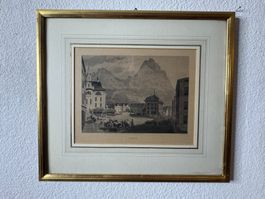 Schwyz – Marktplatz mit Mythen, Stahlstich von C. Huber