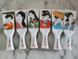 6 chinesische Ess-Stäbchen Bänkchen Porzellan