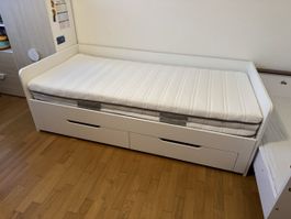 Bett ausziehbar mit Bettkasten und Matratzen weiss gebraucht