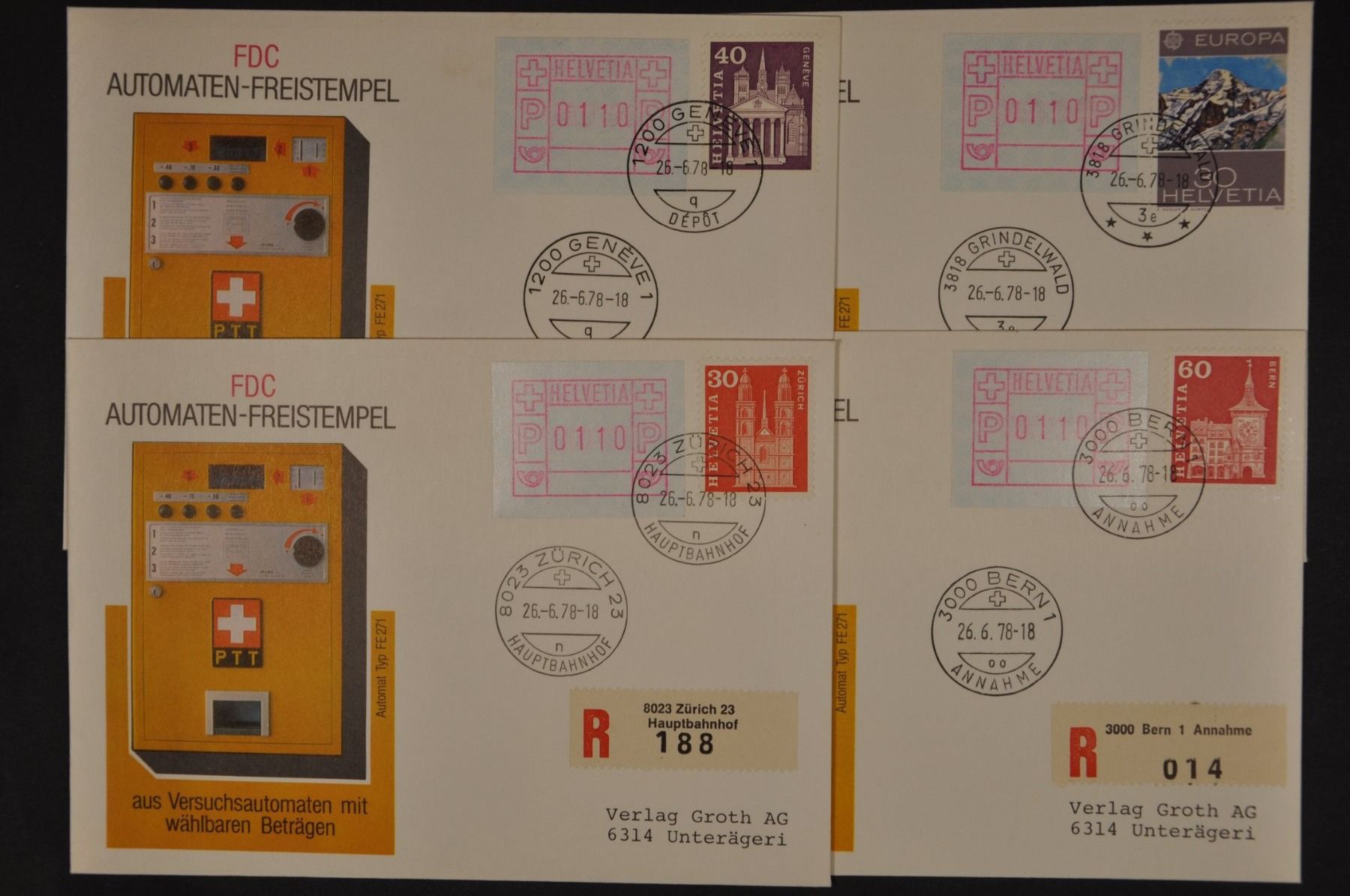 Tutti i francobolli: ATM 2 26.06.1978 Vier R-FDC – Usato da Wolfhalden venduto da Zinauktion