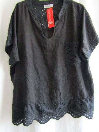 Gr. 48/52, Leinentunika, Schwarz, Tasche, Spitzen, LesFreres