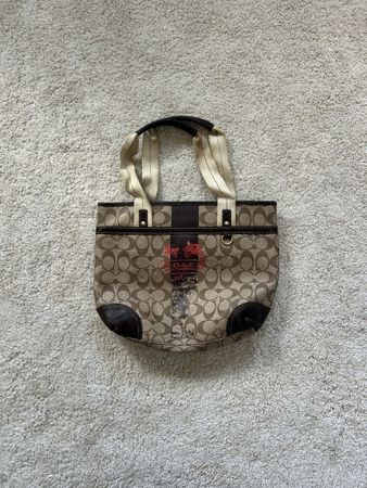 beautiful vintage coach bag brown monogram with red details 