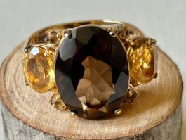 Ring Rauchquarz, Citrin, Silber vergoldet, Gr. 57