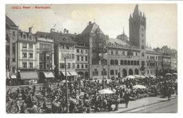 Basel - Stadt - belebter Marktplatz - Rathaus - 1910