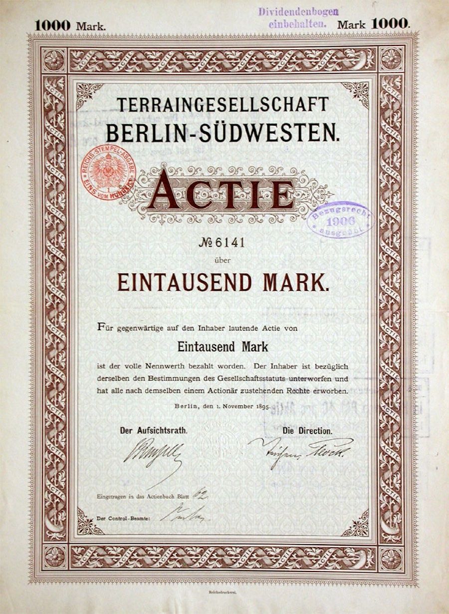 Dokumente: Terraingesellschaft Berlin-Südwesten AG, Berlin - 1895 – Gebraucht aus Solothurn von Sgasche